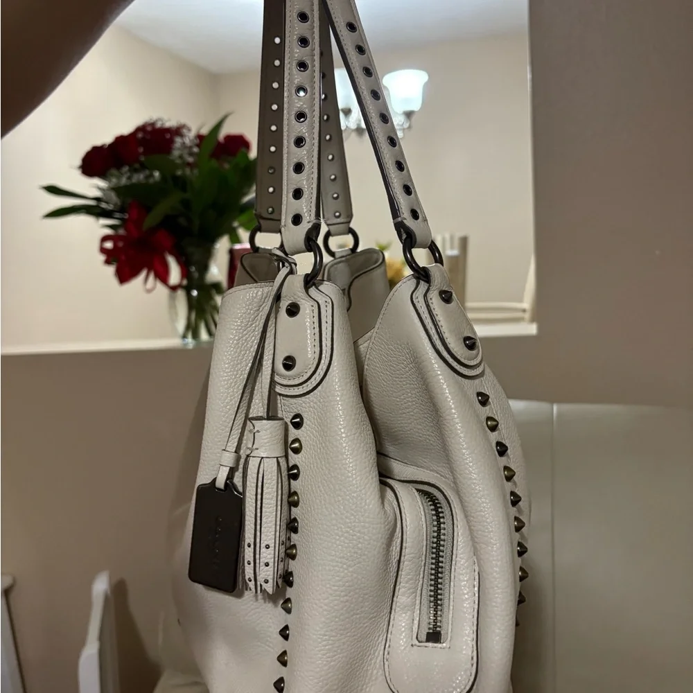 Coach White Leather Hobo Bag with Stud Accents